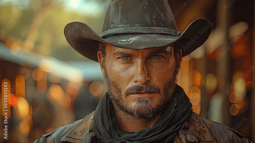 Western movie shot, front view of a cowboy ready to do a duel in middle of a wild west town Western movie shot, front view of a cowboy ready to do a duel in middle of a wild west town