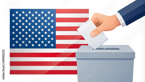 Vector illustration of elections in the USA. Hand with the flag of America and voting, election ballots. Ballot box with a star. Stock illustration on a white background © Tekin