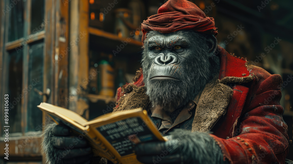 A thoughtful gorilla reads a book, creating a fascinating contrast between animal and human behaviors. A thoughtful gorilla reads a book, creating a fascinating contrast between animal and human behaviors.