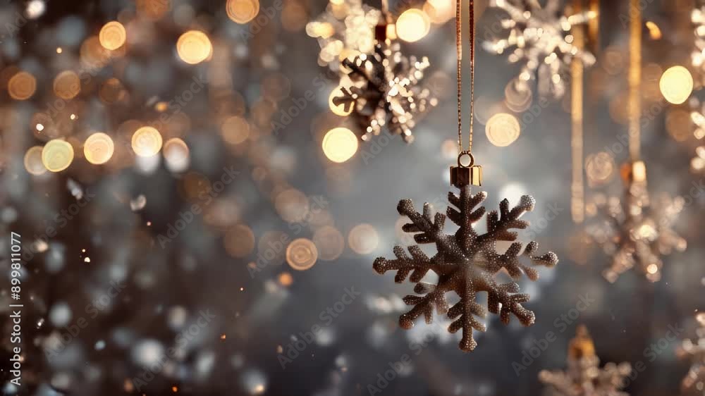 4K video captures the magic of Christmas, featuring glittering snowflake ornaments suspended amidst a backdrop of warm, golden bokeh lights. Falling snow creates a dreamy, festive atmosphere 4K video captures the magic of Christmas, featuring glittering snowflake ornaments suspended amidst a backdrop of warm, golden bokeh lights. Falling snow creates a dreamy, festive atmosphere