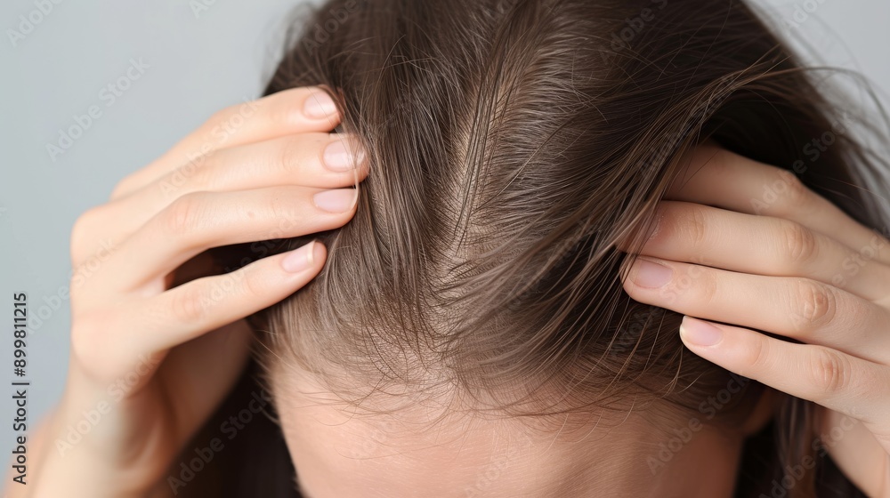 Naklejka premium A woman closely examines her hair, revealing thinning at the scalp. This image emphasizes concerns about hair loss and is ideal for use in health and beauty contexts, highlighting issues of hair care