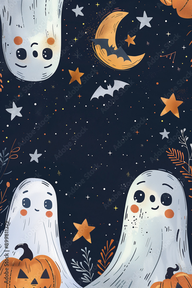 Obraz premium Halloween invitation card with charming illustrations of friendly ghosts, bats, jack-o'-lanterns and stars and a crescent moon. Vertical template for child birthday party in October