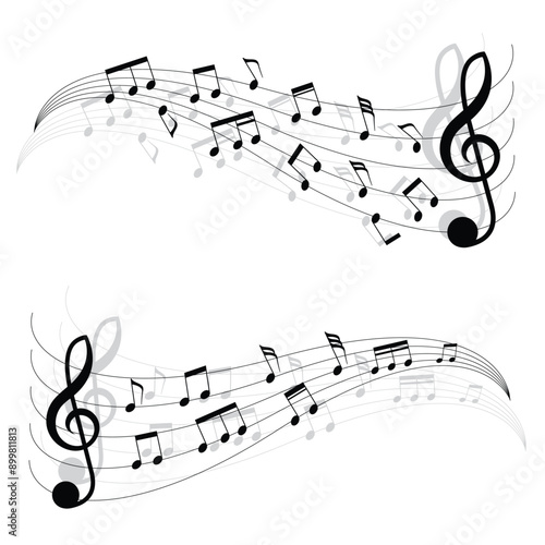 Two little black musical notes on moving chords. A vector illustration