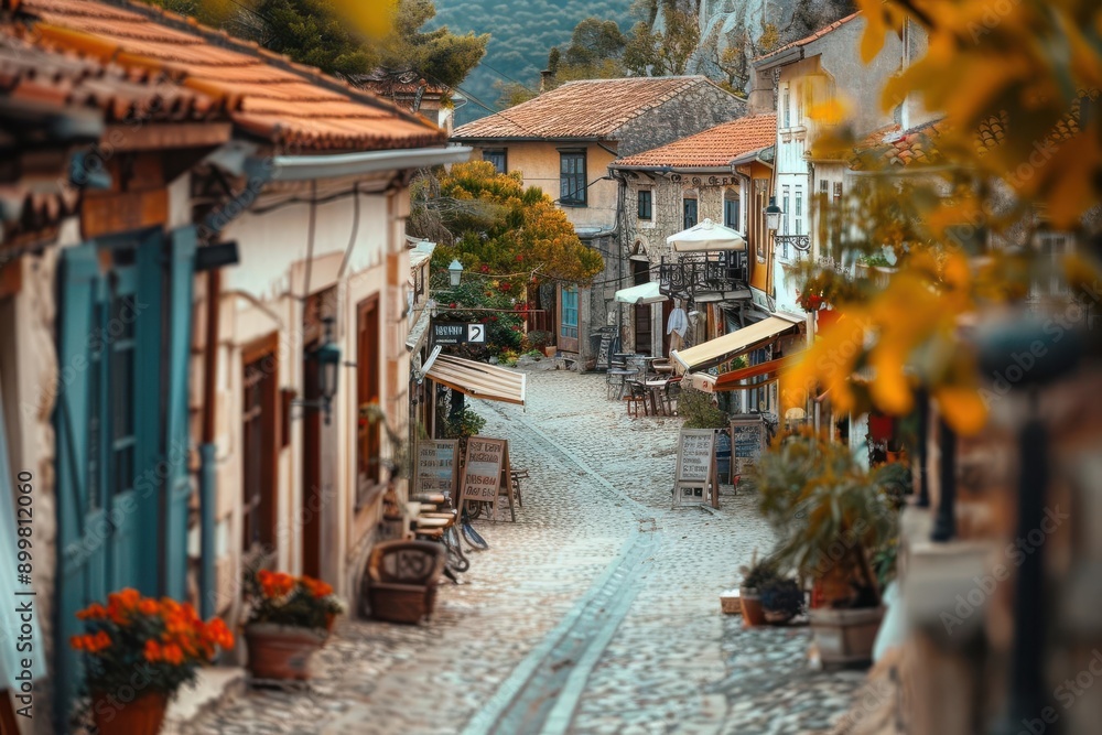 Fototapeta premium A narrow cobblestone street lined with charming, colorful buildings in a picturesque village. Autumn leaves add a touch of warmth to the scene.