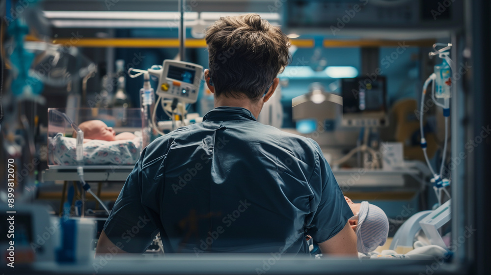 stressed neonatal nurse caring for infant from behind with nurse uniform and medical equipment captured with 50mm lens golden ratio composition stressed neonatal nurse caring for infant from behind with nurse uniform and medical equipment captured with 50mm lens golden ratio composition