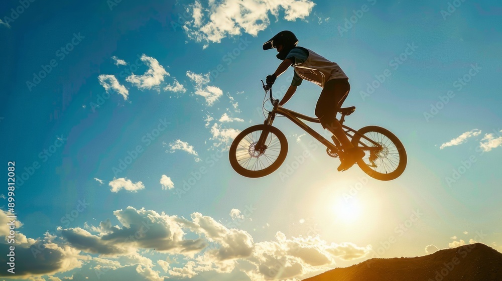 Obraz premium A man is riding a bike in the air