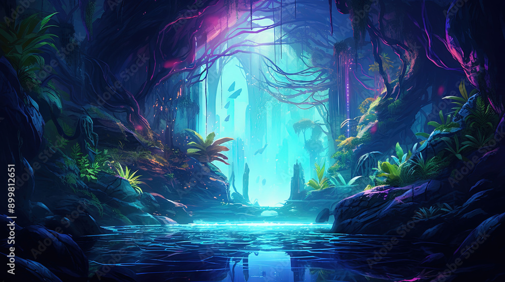 Fototapeta premium Magic forest with blue and purple neon colors and glowing. Mysterious pathway in the jungle.