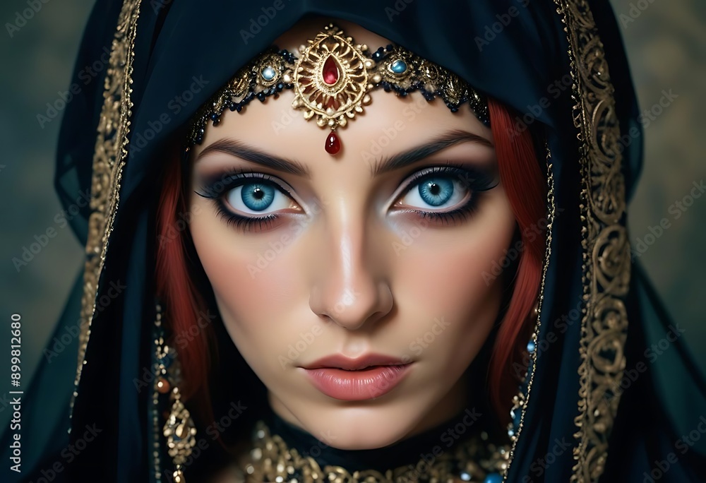 Close-up Portrait of a Woman with Blue Eyes in Ornate Traditional Headwear Close-up Portrait of a Woman with Blue Eyes in Ornate Traditional Headwear