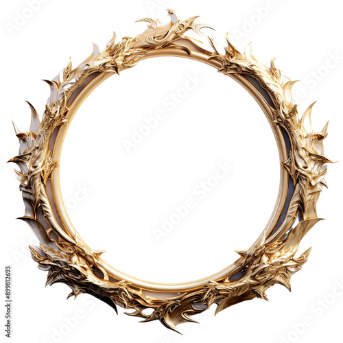 Round golden fantasy frame. Luxurious empty ring with ornament of intertwined decorative dragons and tongues of frozen precious flames