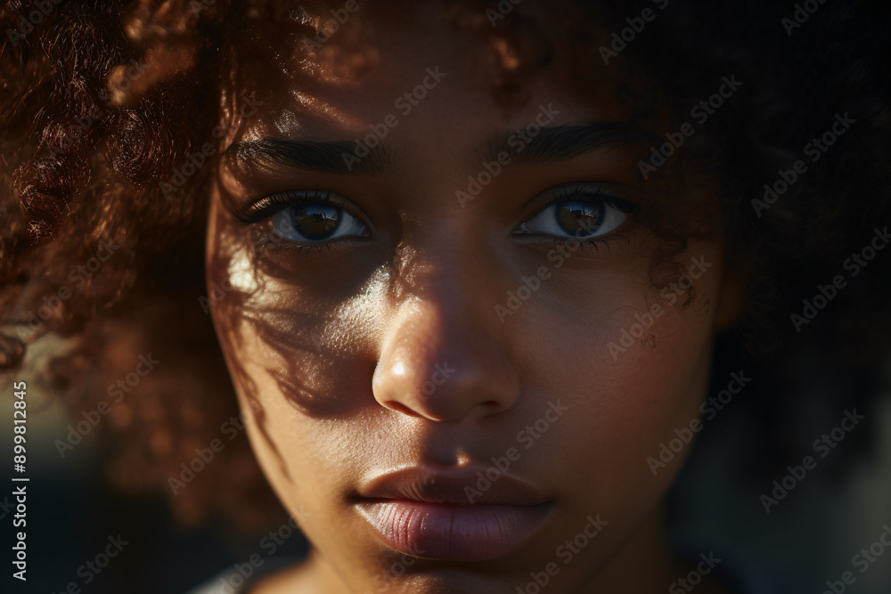 Young black woman's face with sunlight casting shadows Young black woman's face with sunlight casting shadows