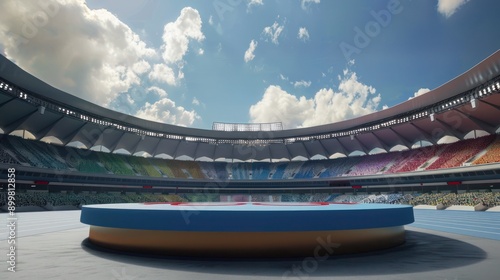 A wide shot of an Olympics podium with the stadium in the background.  photo