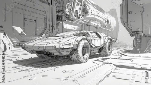 A highly detailed technical sketch showcases a futuristic car in an industrial setting. The black and white drawing emphasizes the design and structural aspects of the vehicle, capturing the essence photo