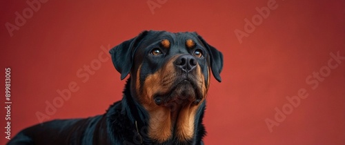 Beautiful advertisement close-up studio portrait of a purebreed black and brown Rottweiler dog isolated on red background. Great for veterinary clinic or pet food promotion header.	 photo