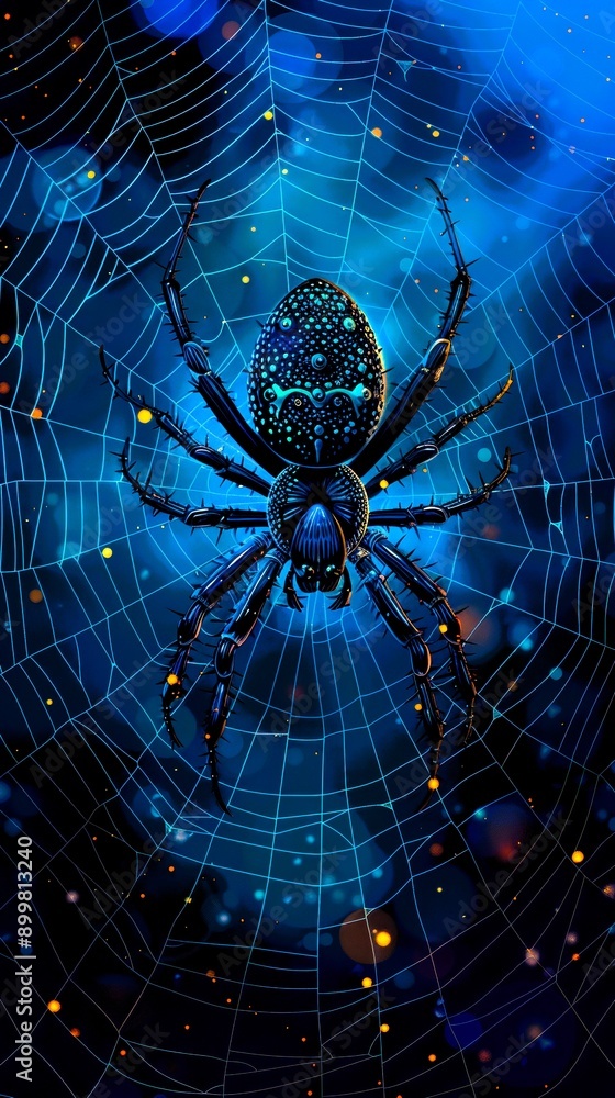 A mesmerizing spider illuminated against a dark blue background, intricately woven into a shimmering web with celestial elements. A mesmerizing spider illuminated against a dark blue background, intricately woven into a shimmering web with celestial elements.