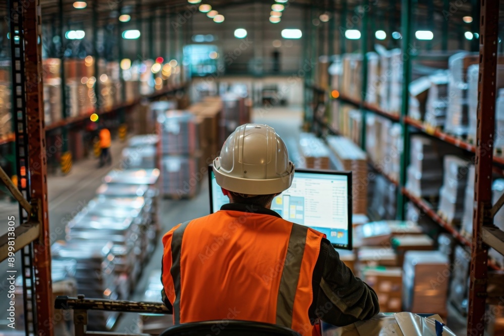 Warehouse worker in safety gear looking at computer screen in huge storage. Industrial, professional setting. Ideal for business articles. Perfect for work-related concepts. Generative AI Warehouse worker in safety gear looking at computer screen in huge storage. Industrial, professional setting. Ideal for business articles. Perfect for work-related concepts. Generative AI