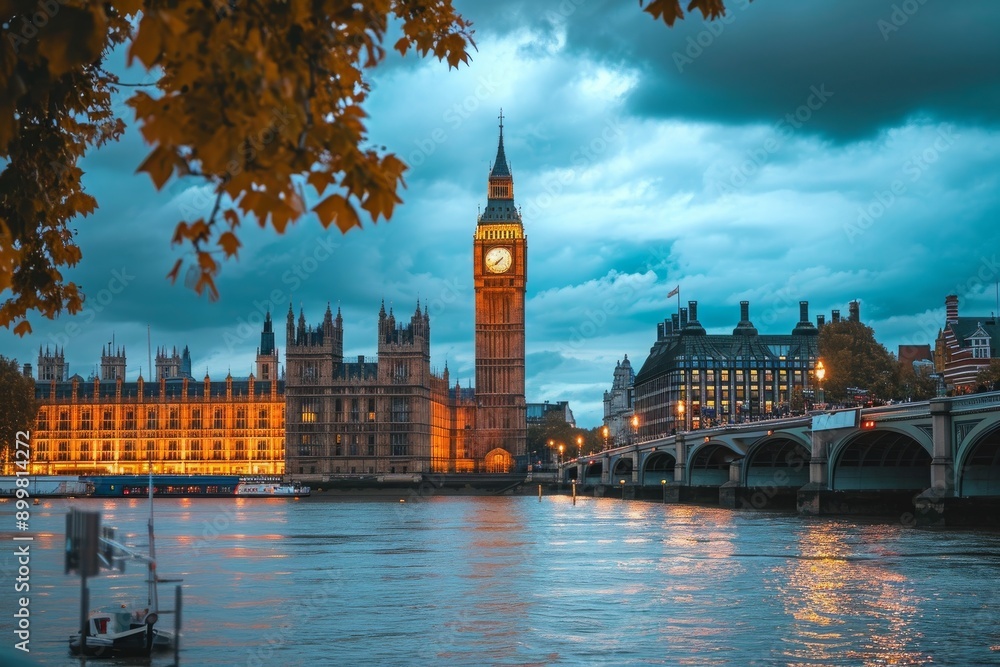 Naklejka premium The Big Ben Clock Tower Towering Over the City of London, London's cityscape featuring the iconic Big Ben, AI Generated