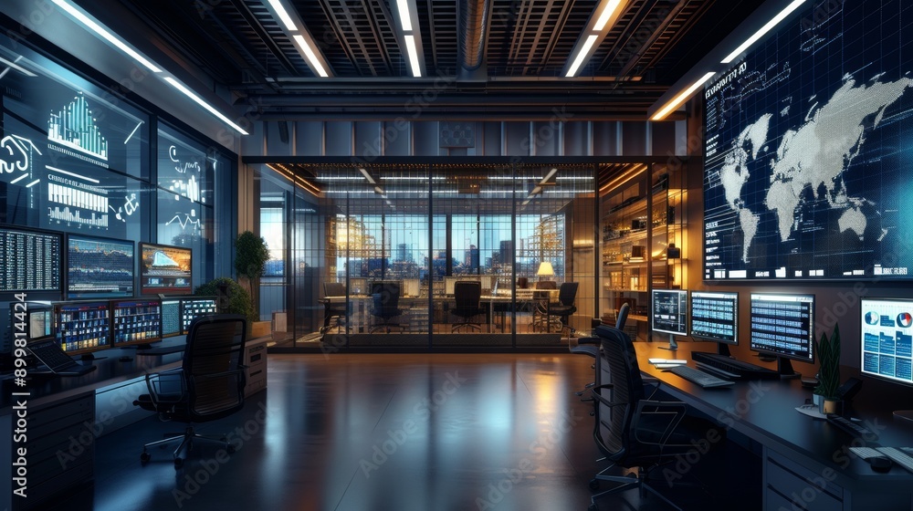 Fototapeta premium A high-tech trading workspace featuring a glass-walled office, multiple screens, and a modern design. The combination of advanced technology and sophisticated decor creates a professional environment