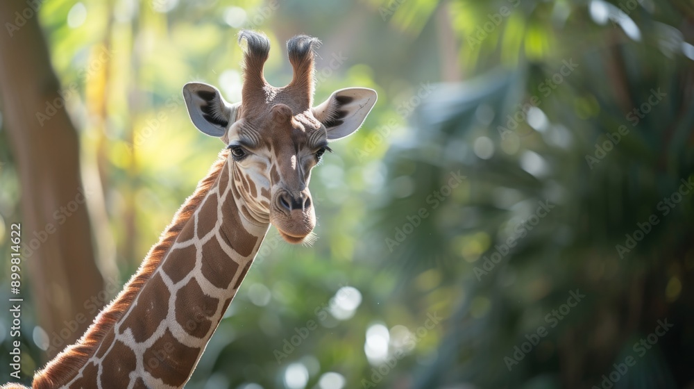 Fototapeta premium A captivating close-up portrait of a giraffe, highlighting its expressive face and unique patterns. The lush green foliage in the background adds a serene and natural ambiance, making this image