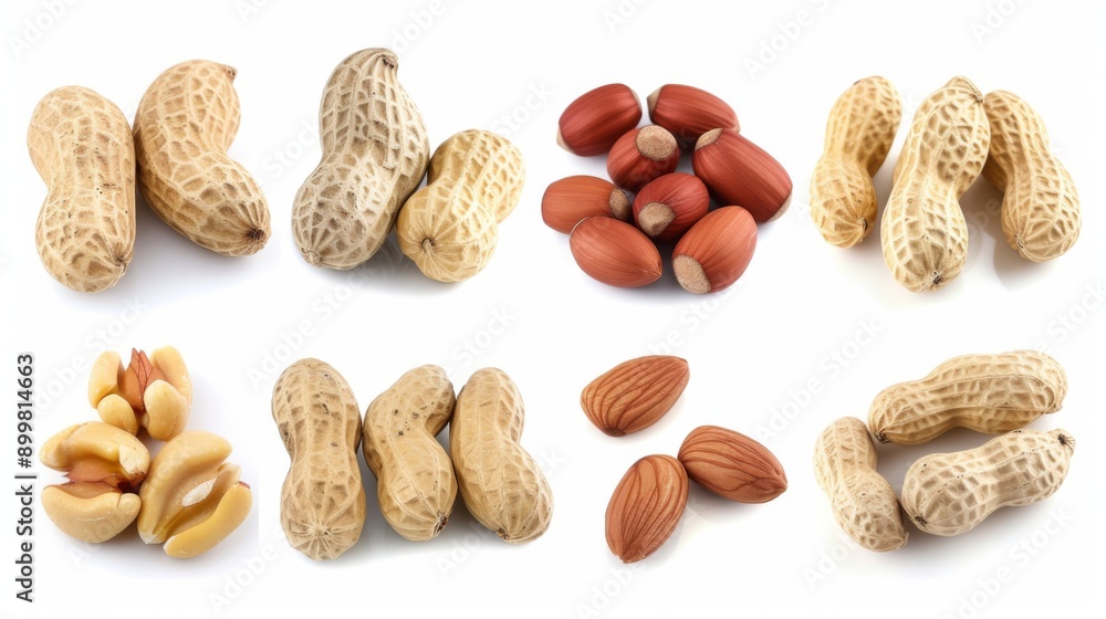 Collection of peanuts, both in shell and shelled, isolated on a white background Collection of peanuts, both in shell and shelled, isolated on a white background