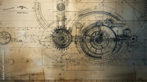 A vintage-style blueprint featuring the detailed layout of mechanical clock gears, showcasing the complexity and precision of engineering in horology. The aged paper background adds a historical touch