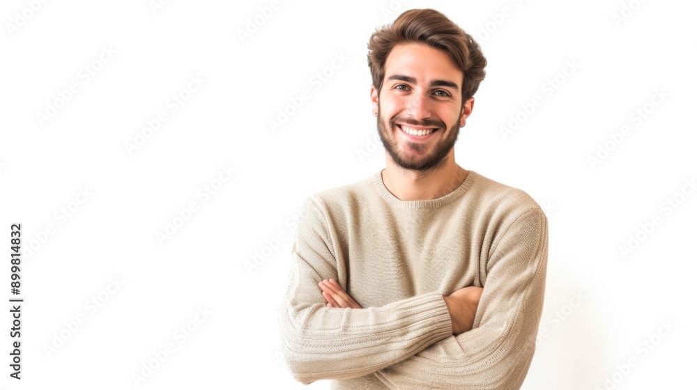 Fototapeta premium Happy male student standing confidently with his arms crossed, isolated on a white background