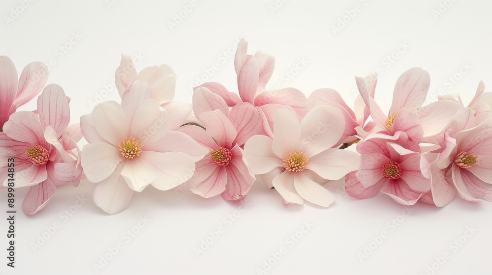 Pink magnolia flowers arranged against a white background Pink magnolia flowers arranged against a white background