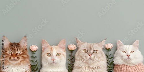 Adorable Lineup of Four Cats in Sweaters with Pink Roses Against a Soft Green Background - Perfect for Pet Lovers and Floral Enthusiasts