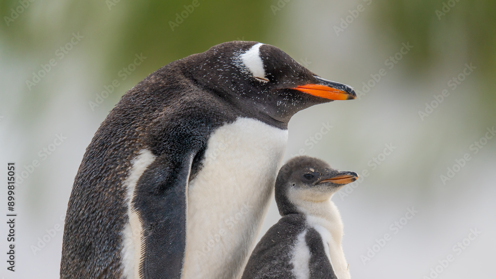 Naklejka premium Adorable Gentoo Penguin Mother and Child Family Blurred Background. Eyes Closed Resting Incredible Cinematic Scene Falkland Islands