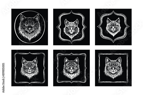 Logo sets of Persian cats, labeled engraving vector illustration.