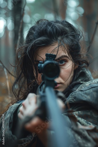 Black hair girl hunter with an aimed rifle in the forest hunting for a hunted animal.