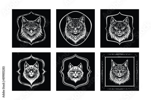 Logo sets of Persian cats, labeled engraving vector illustration.