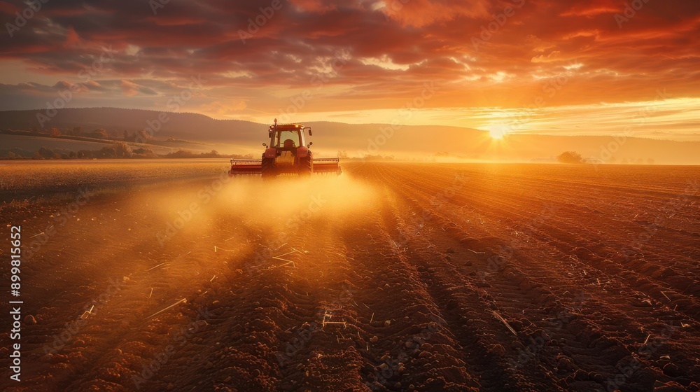 Fototapeta premium A tractor plows a field at sunset, creating dust and leaving long furrows in the soil. The sun glows orange and red behind the tractor.