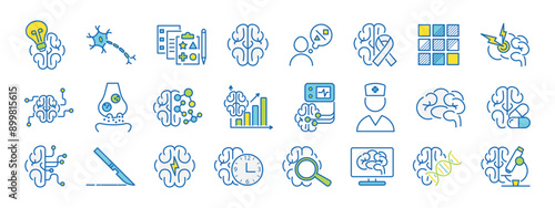 Neurology related icon set in blue, yellow, green. Neuron, axon, dendrite, synapse, headache, eeg, brain biochemistry, cancer, psychometric tests, Blocks vector illustration. Editable Strokes