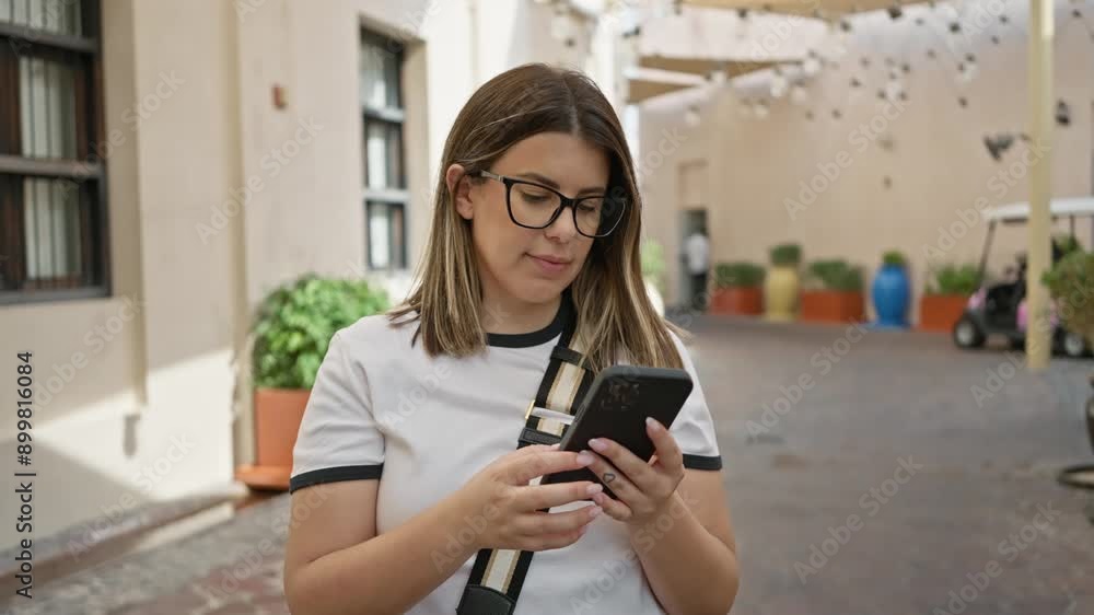 A young woman with glasses using a smartphone in a traditional middle eastern courtyard. A young woman with glasses using a smartphone in a traditional middle eastern courtyard.