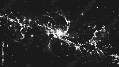 Deep space scene background in stippling style with amazing huge nebula and glowing stars cluster in universe. Retro styled dotwork. Pointillism. Noisy grainy shading using dots. Vector illustration