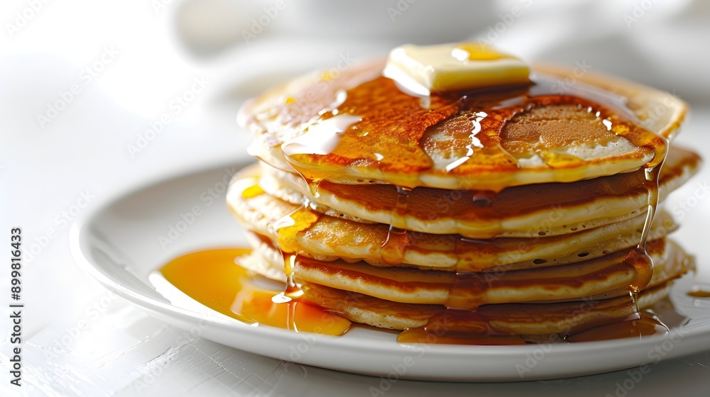 Fluffy Pancake Stack with Butter and Maple Syrup on White Background Fluffy Pancake Stack with Butter and Maple Syrup on White Background