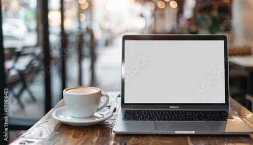 Realistic Mockup: Laptop with Blank Screen on Wooden Table in Cozy Cafe Setting. Perfect Template for Text Advertisements, Product Showcases, or Digital Marketing Campaigns. 4K High-Definition Visuali photo