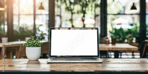 Wallpaper Mural Realistic Mockup: Laptop with Blank Screen on Wooden Table in Cozy Cafe Setting. Perfect Template for Text Advertisements, Product Showcases, or Digital Marketing Campaigns. 4K High-Definition Visuali Torontodigital.ca