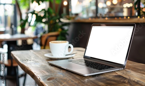 Realistic Mockup: Laptop with Blank Screen on Wooden Table in Cozy Cafe Setting. Perfect Template for Text Advertisements, Product Showcases, or Digital Marketing Campaigns. 4K High-Definition Visuali photo