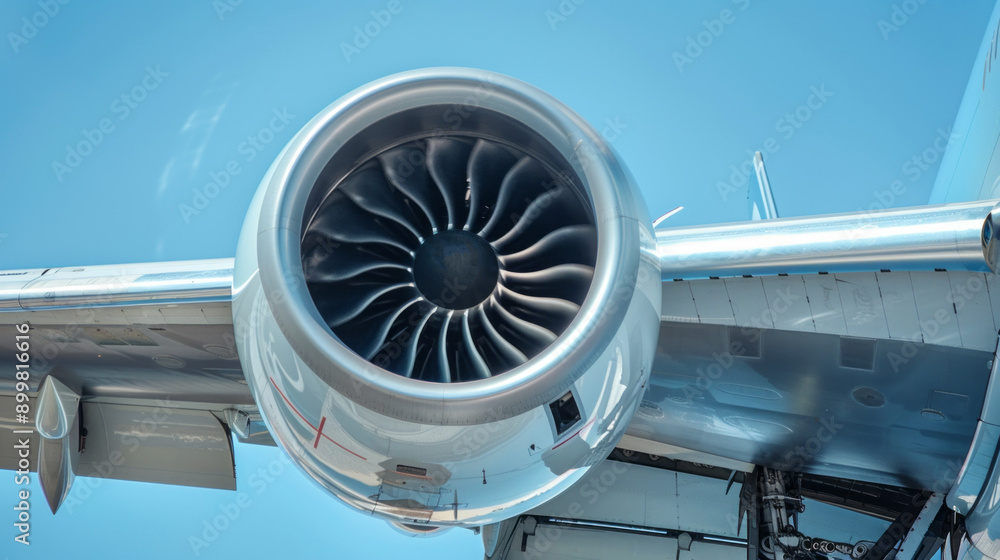 A jet engine is seen in the air with a blue sky in the background A jet engine is seen in the air with a blue sky in the background