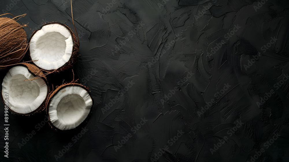 Halved Coconuts on Black isolated Textured Background with copy space Halved Coconuts on Black isolated Textured Background with copy space