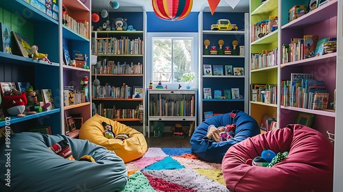 A children's reading nook with colorful shelves filled with picture books, bean bag chairs, and whimsical decorations creating an inviting atmosphere