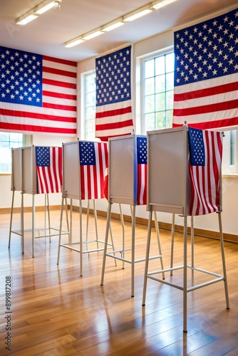 Voting booths with American flag logo at polling station. National Election Day in the United States of America. Presidential race and elections coverage. Civic duty, patriotism and democracy concept.