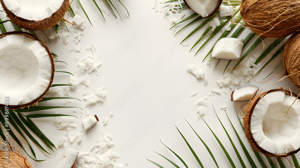 Tropical Coconut and Palm Leaf Frame on White Background with copy space Tropical Coconut and Palm Leaf Frame on White Background with copy space