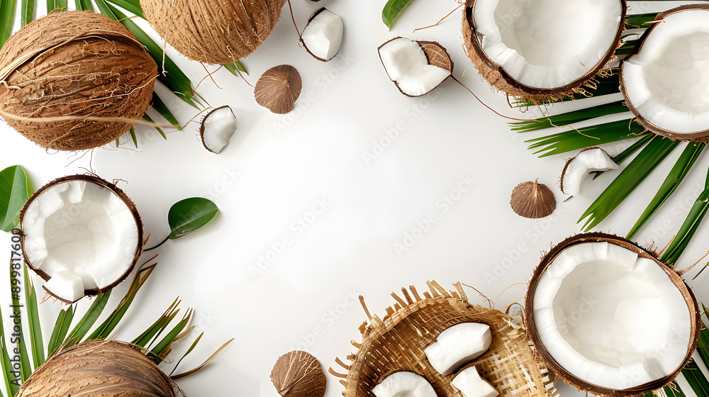 Tropical Coconut and Palm Leaf Frame on White Background with copy space Tropical Coconut and Palm Leaf Frame on White Background with copy space