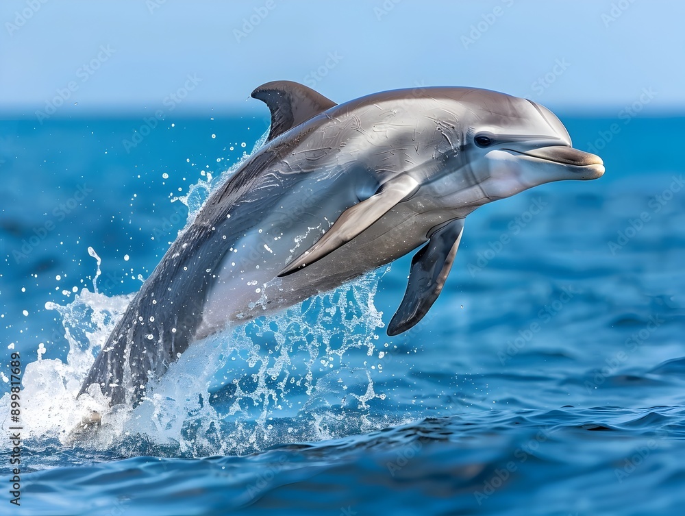 Fototapeta premium Playful Dolphin Leaping Out of the Ocean with Splashing Water and Clear Blue Sky