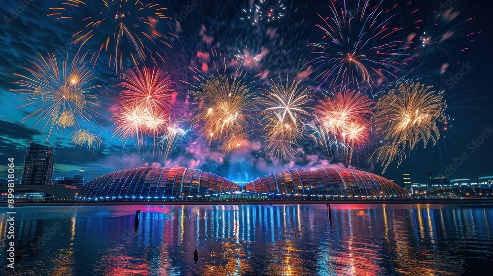Fototapeta premium Fireworks Display Over Cityscape