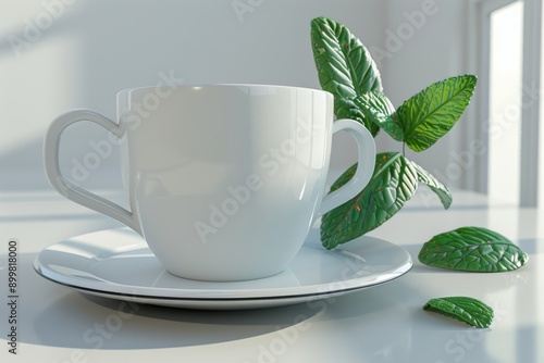 Minimalist White Tea Cup with Fresh Mint Leaves in Sunlit Room