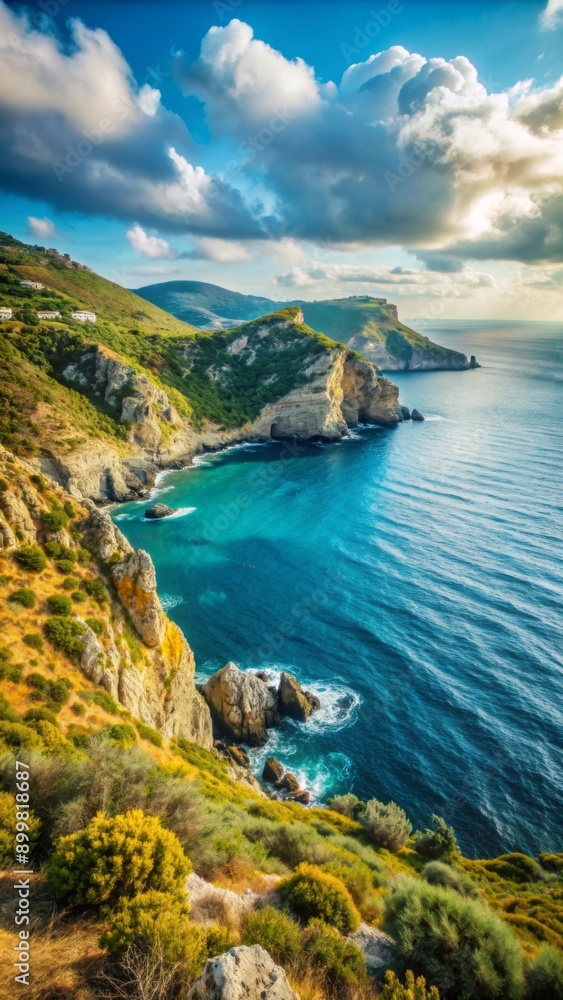 Fototapeta premium A stunning coastal landscape shows a rugged cliffside overlooking a vibrant blue sea.