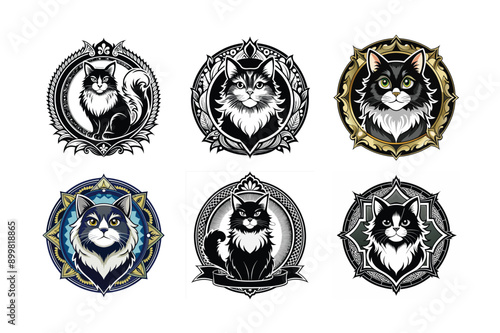 Logo sets of Persian cats, labeled silhouette vector illustration.